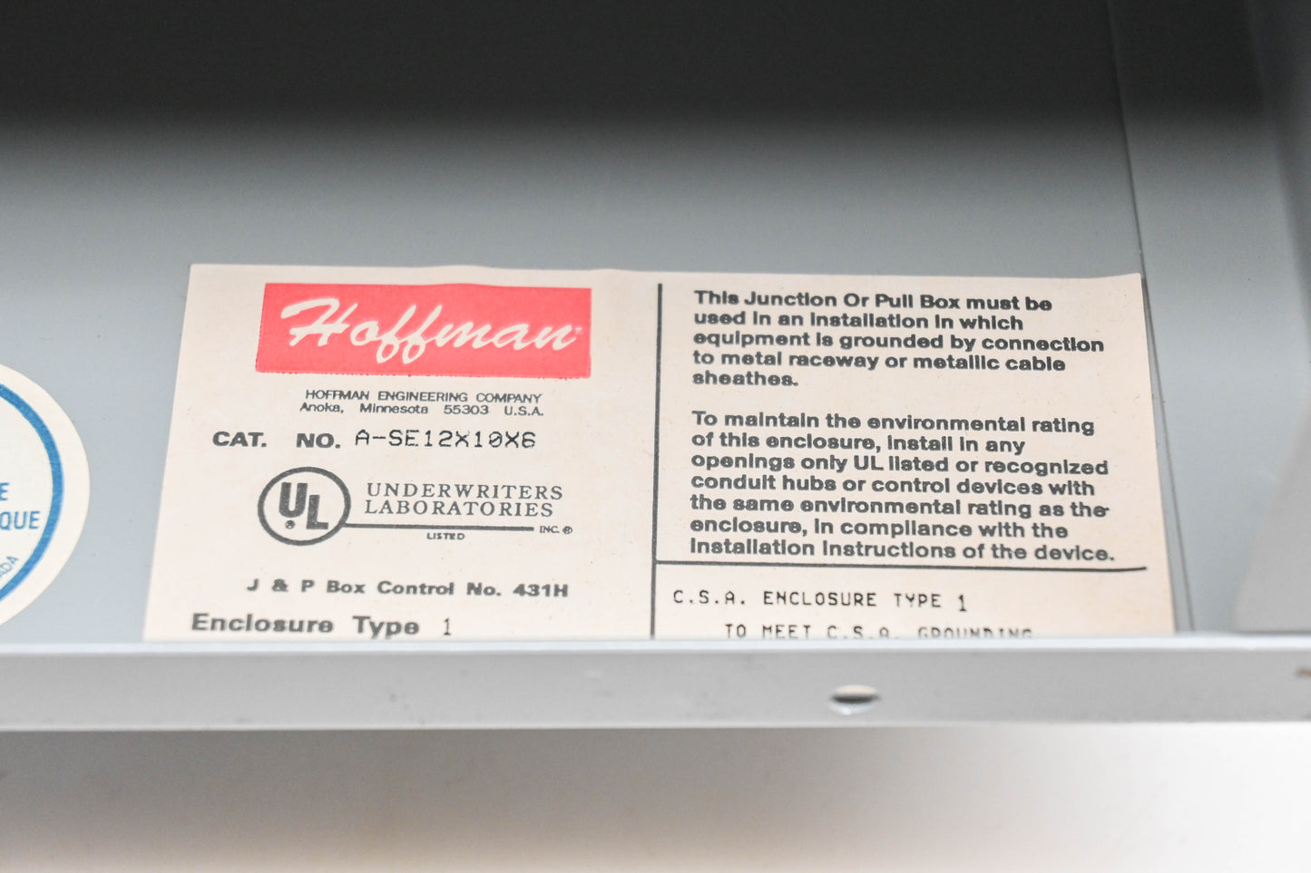 Hoffman A-SE12X10XS, ASE12X10XS 10" x 12" x 6" Junction Box Kit NOS