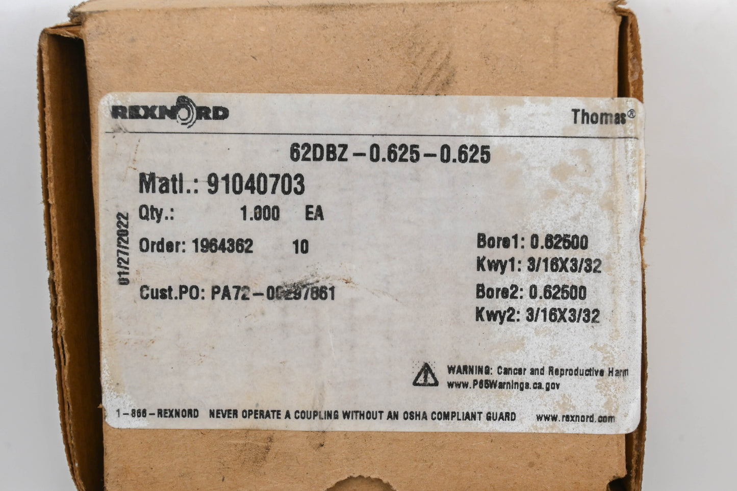 Rexnord 62DBZ-0.625-0.625, 91040703 Coupling NOS
