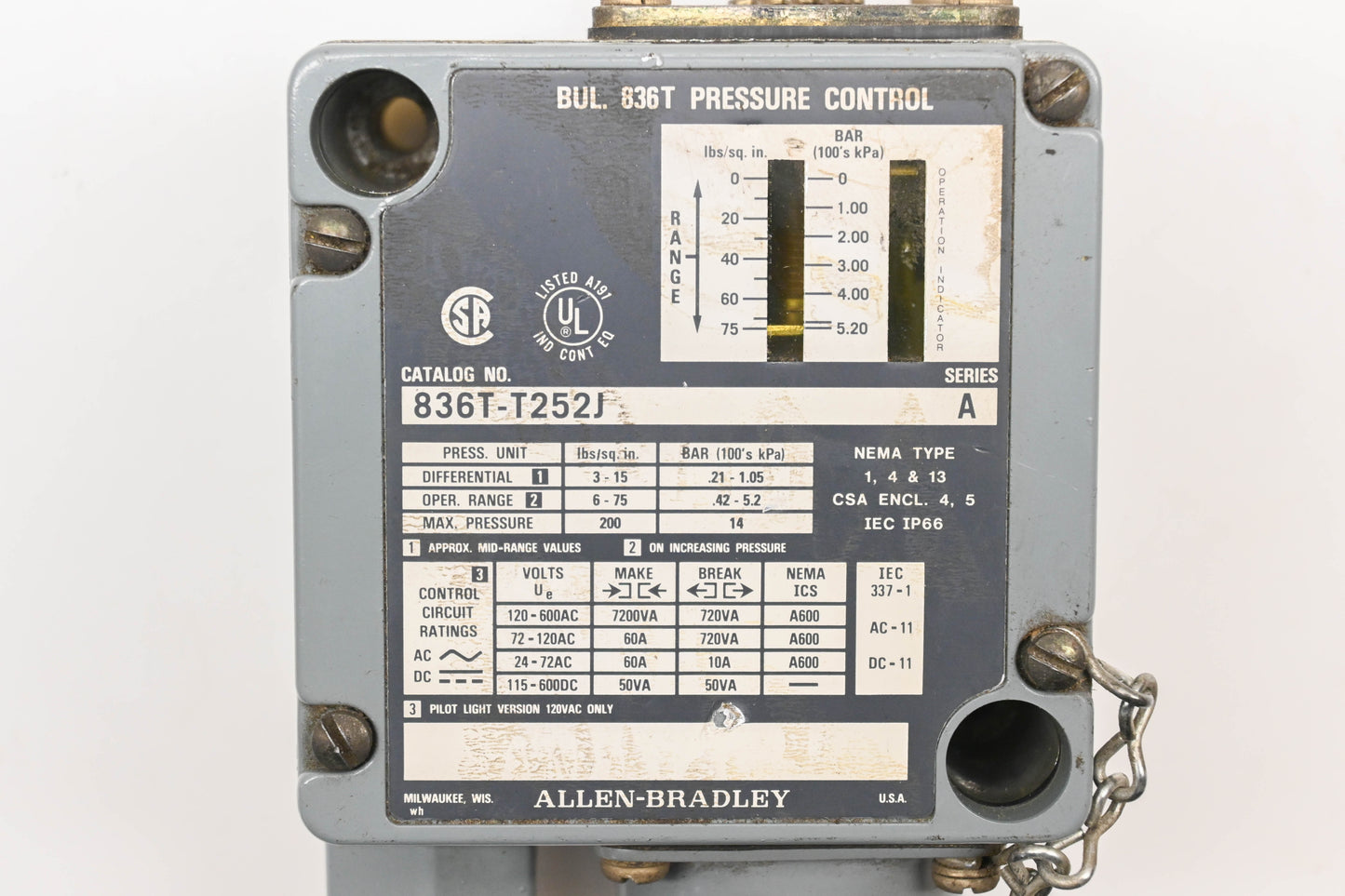 Allen-Bradley 836T-T252J Pressure Control Switch NOS