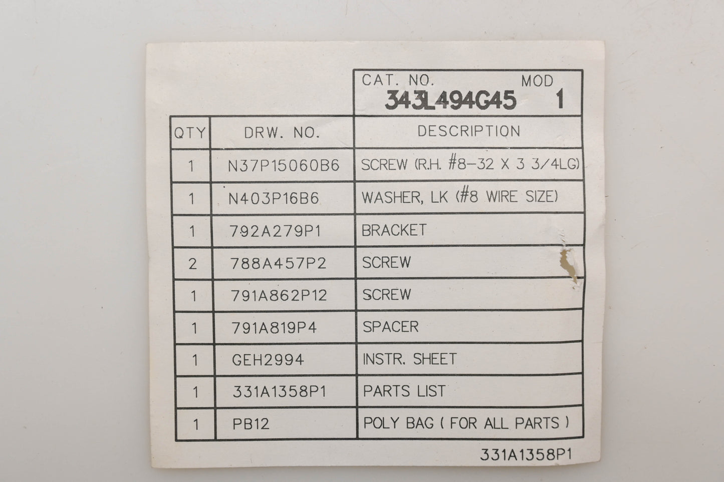 GE 343L494G45 Hardware Kit NOS