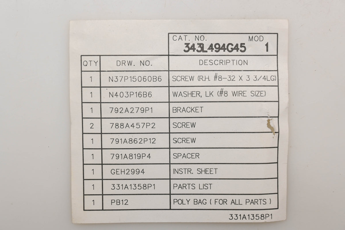 GE 343L494G45 Hardware Kit NOS