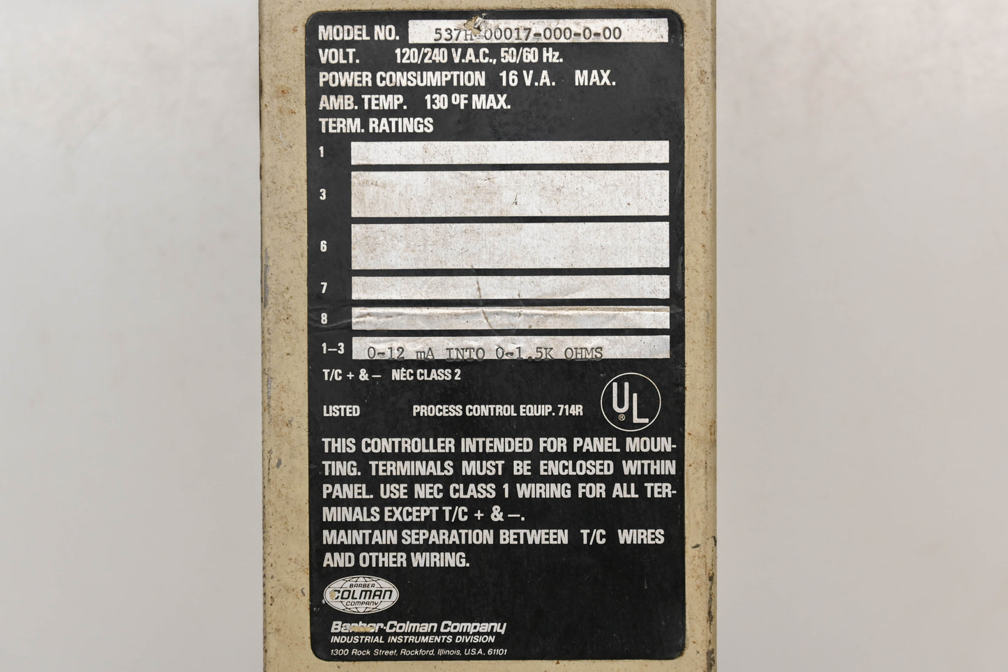 Barber Colman 537H-00017-000-0-00 Temperature Controller Shroud