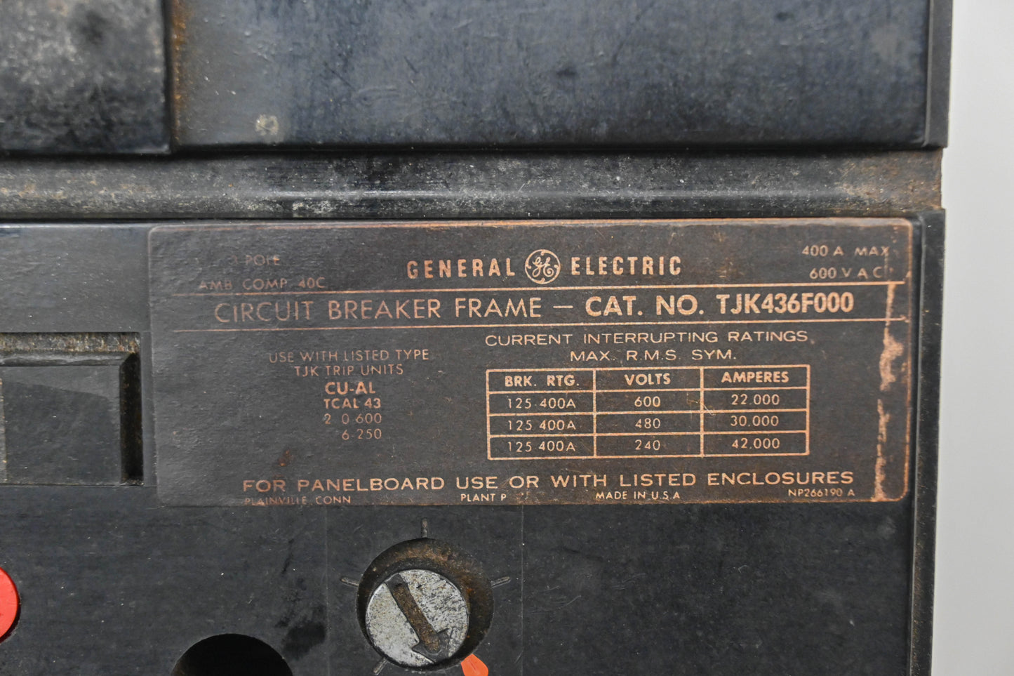 GE TJK436F000 400A-600V 3-Pole Circuit Breaker