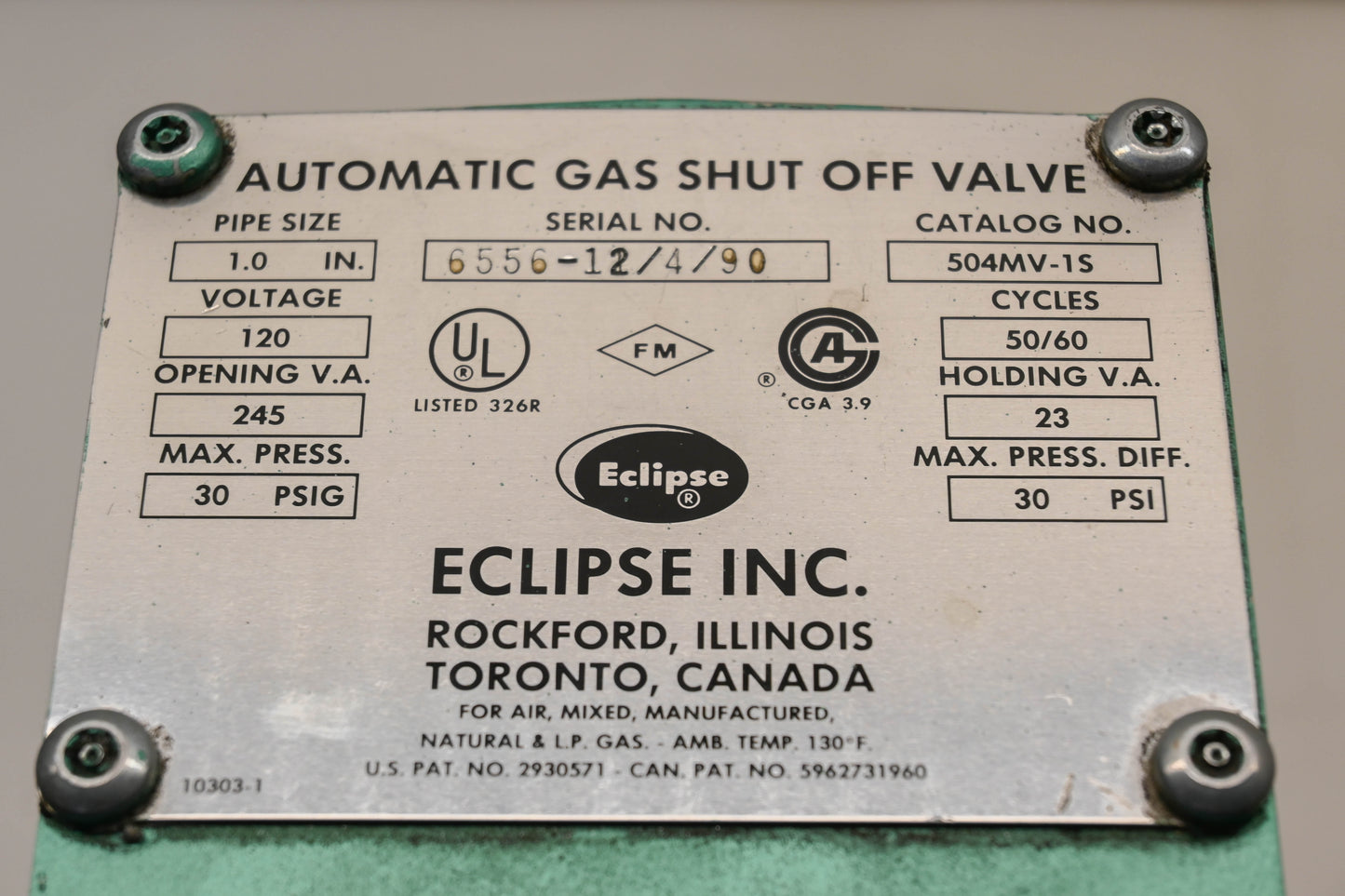 Eclipse 6556-12/4/90 Automatic Gas Shut-Off Valve