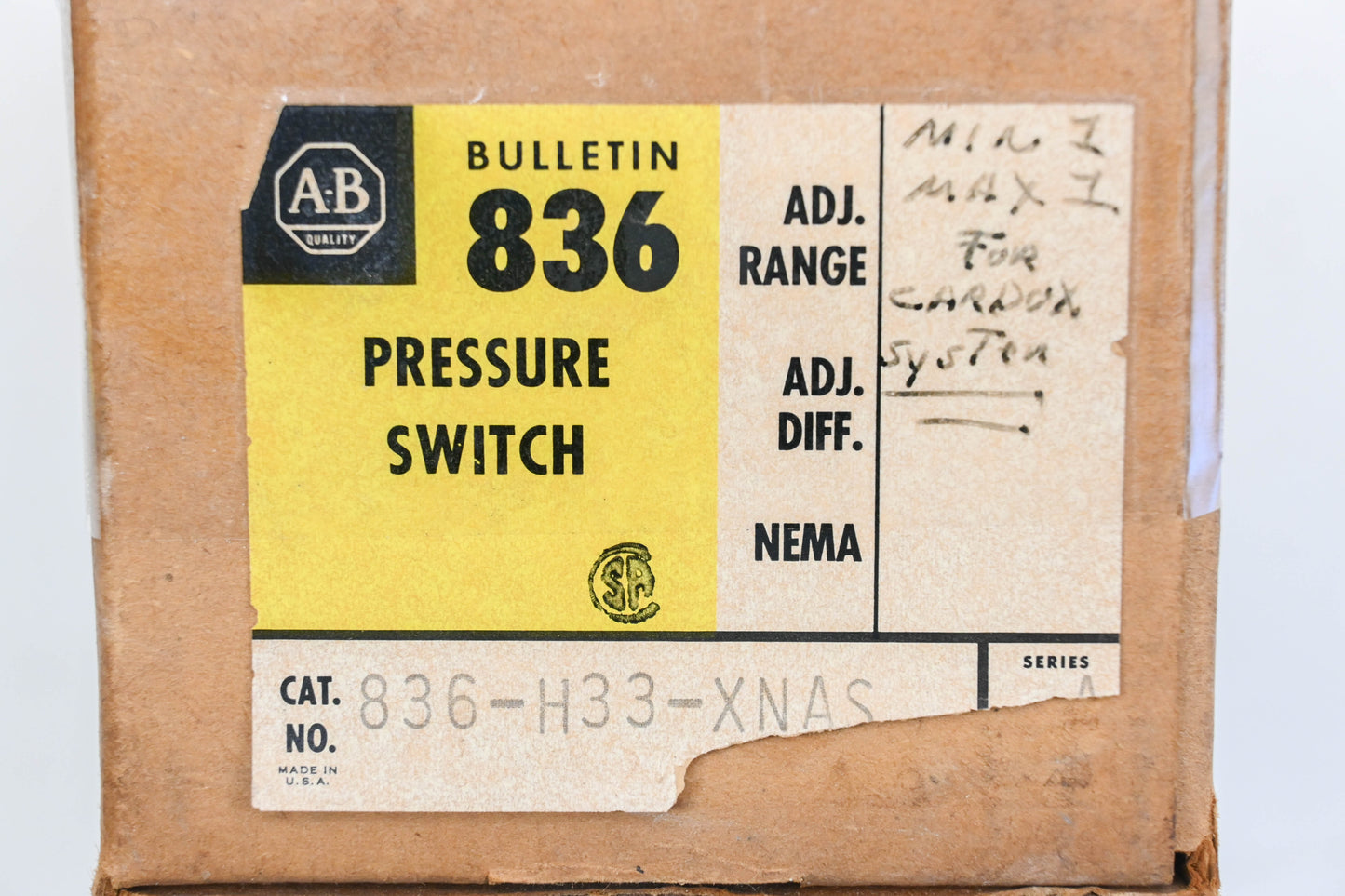 Allen Bradley 836-H33-XNAS Pressure Control Switch NOS