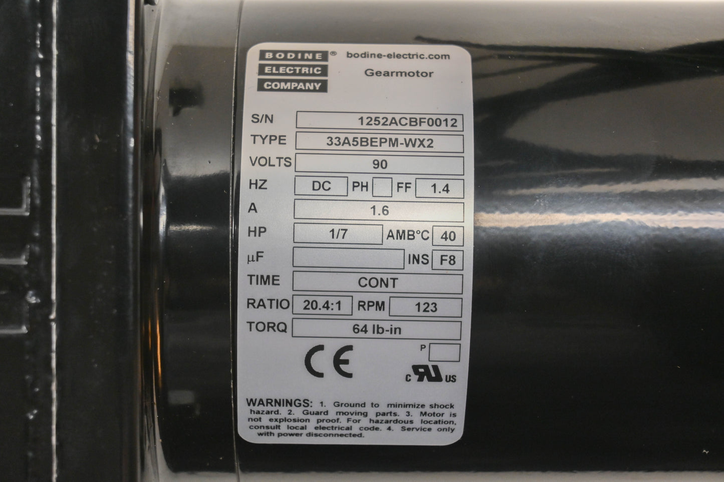 Bodine-Electric 1252ACBF0012, 33A5BEPM-WX2, 1252A 90V DC Gearmotor NOS