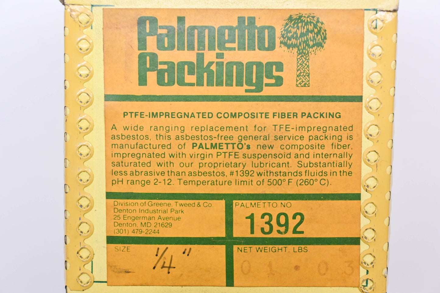 Palmetto Packings 1392 1/4" 1LB PTFE Composite Compression Packing NOS