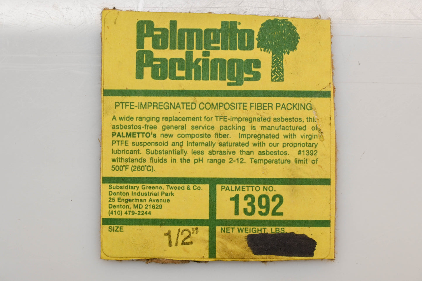 Palmetto Packings 1392 1/2" 15FT PTFE Composite Fiber Packing NOS