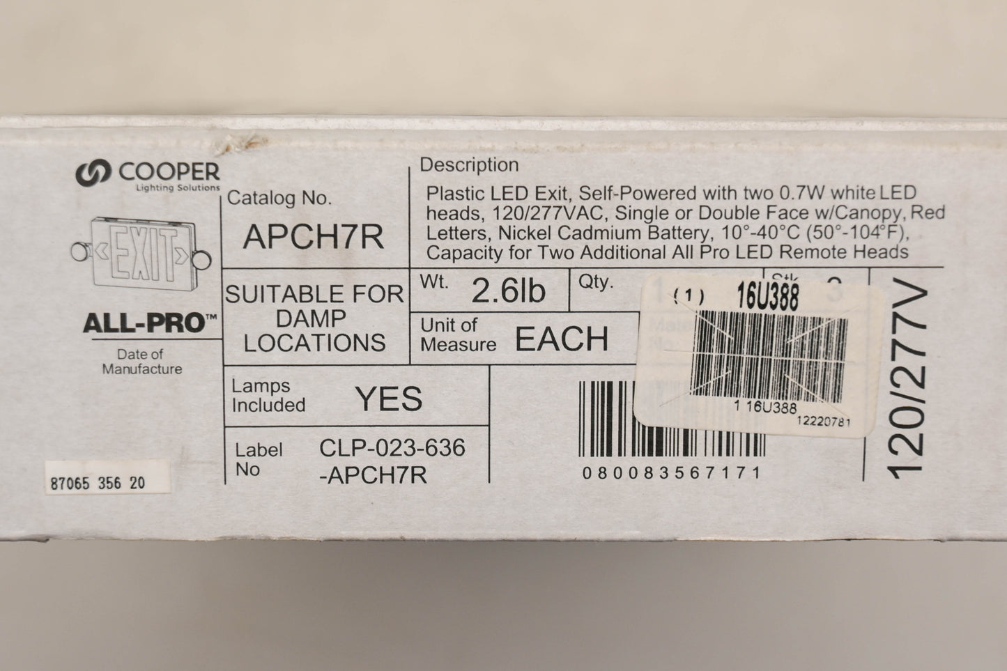 Cooper APCH7R Thermoplastic Exit/Emergency Light Kit NOS