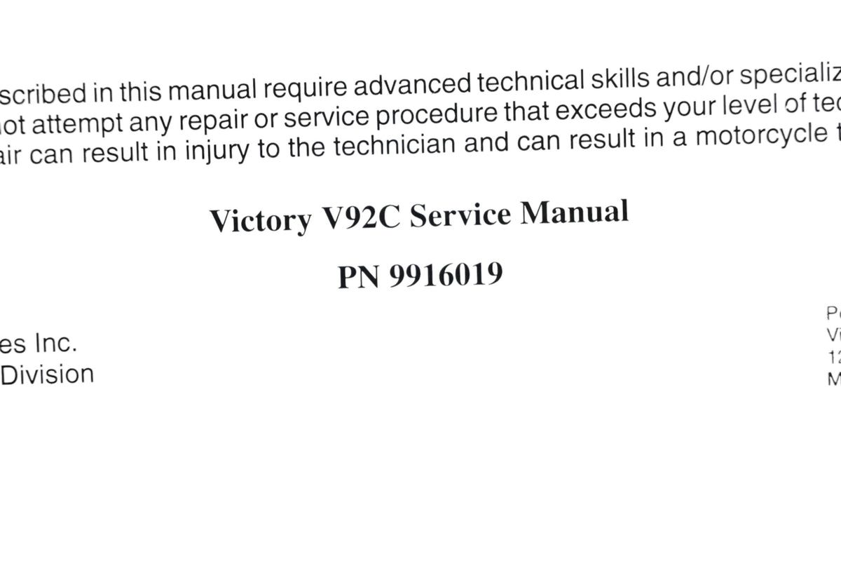 OEM Victory 9916019 1999 V92C Shop Service Manual