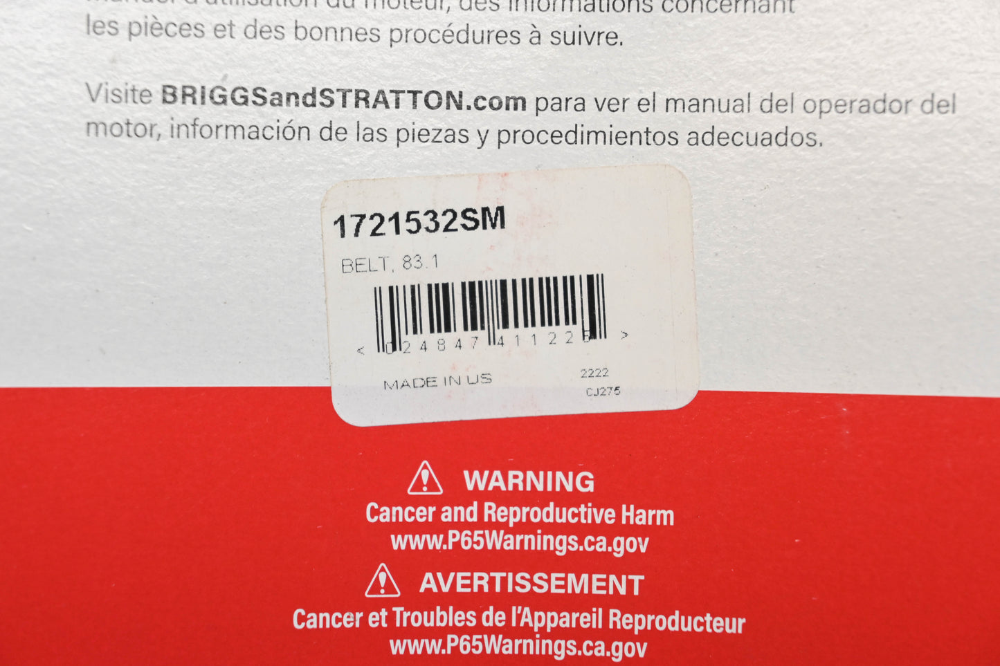 New OEM Briggs & Stratton 1721532SM, 1721532 1/2" x 83" Cog V-Belt NOS