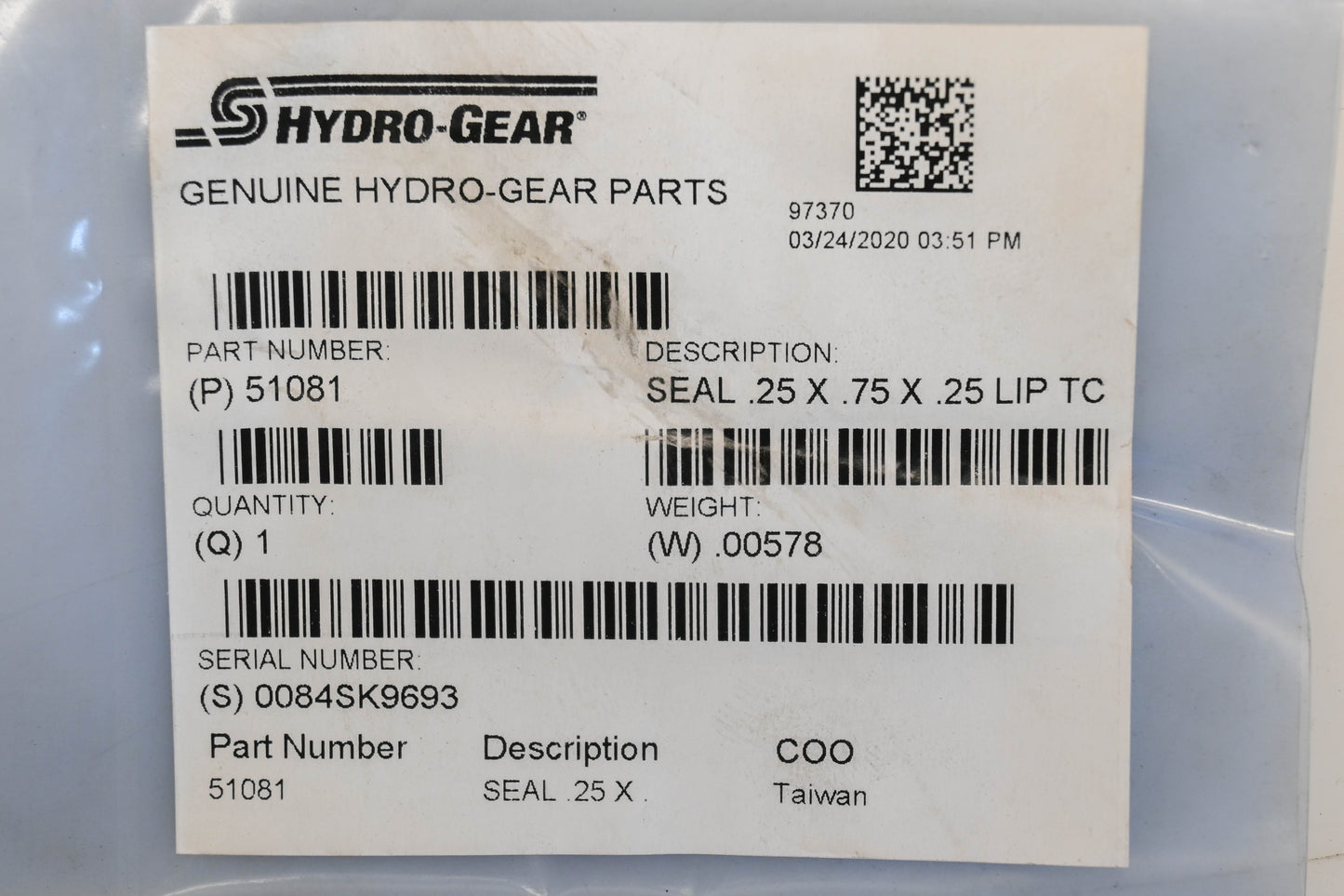 Hydro-Gear 51081 1/4" x 3/4" x 1/4" Lip Seal NOS
