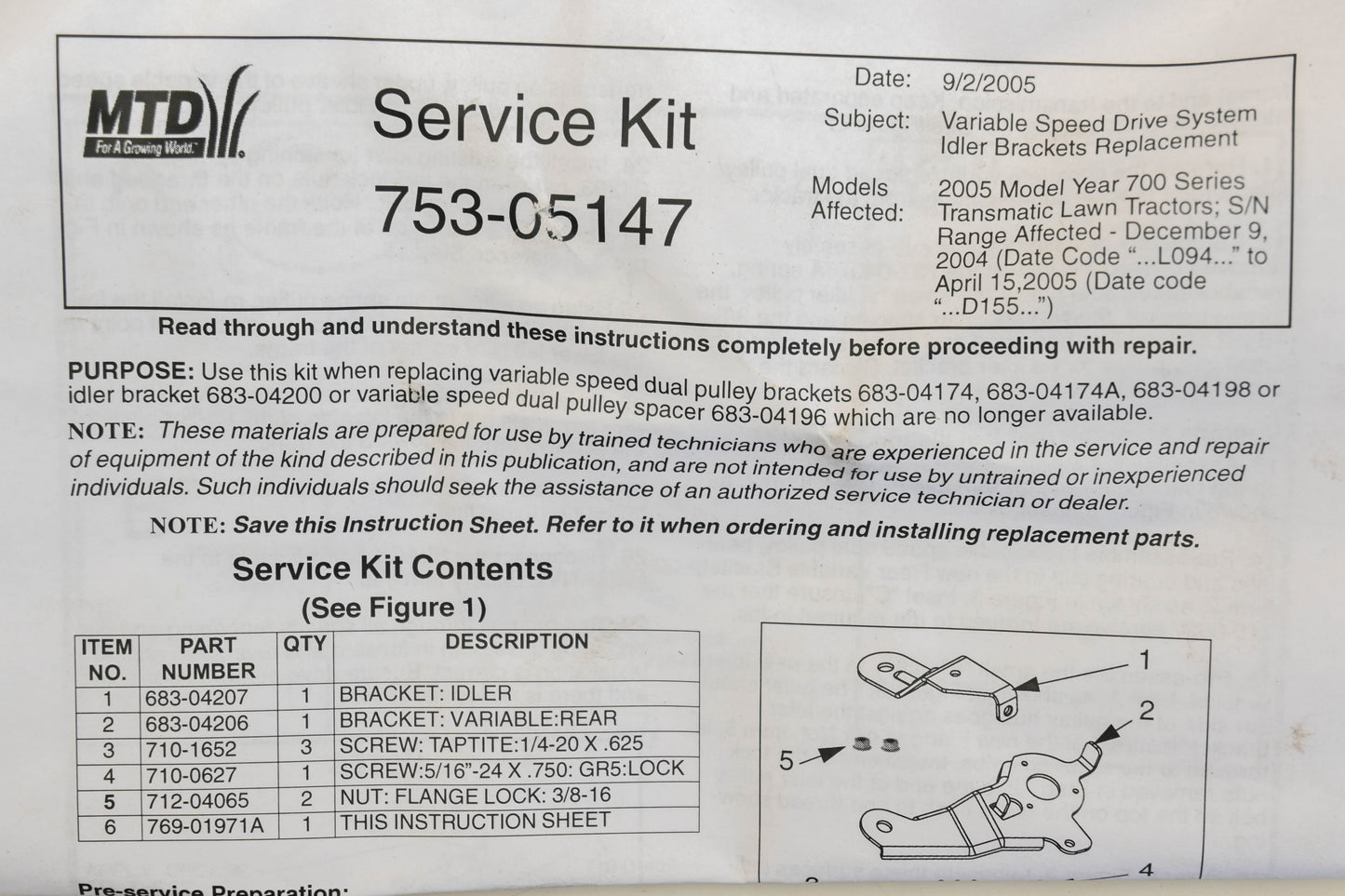 MTD 753-05147 Transmission Idler Kit NOS