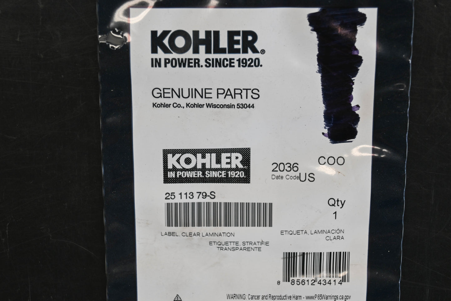 Kohler 25 113 79-S Clear Lamination Label NOS