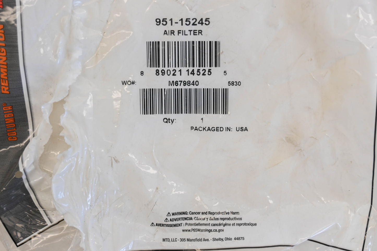 MTD 951-15245, 751-15245 Air Filter NOS