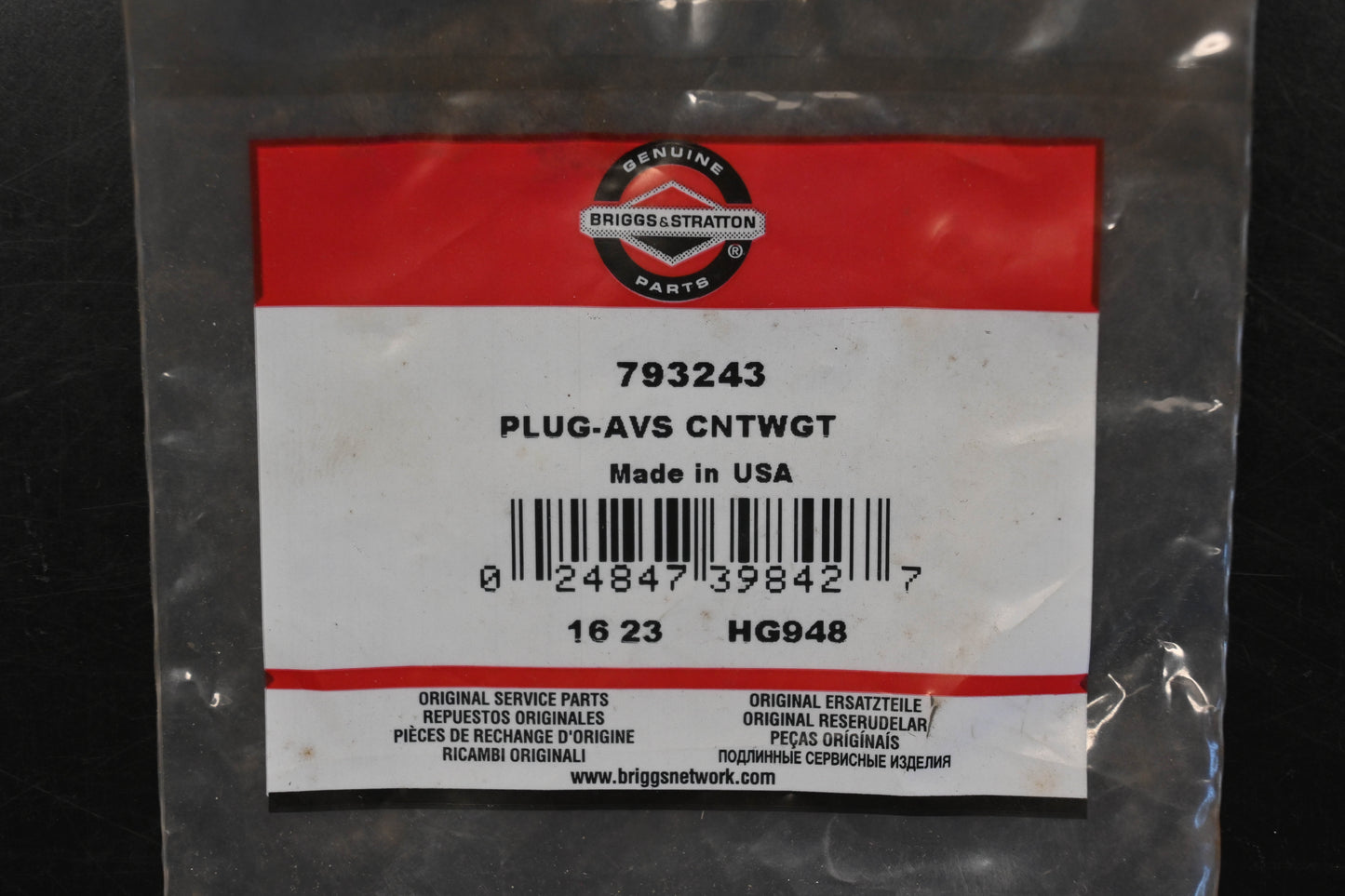 New OEM Briggs & Stratton 793243 Counterweight Plug NOS