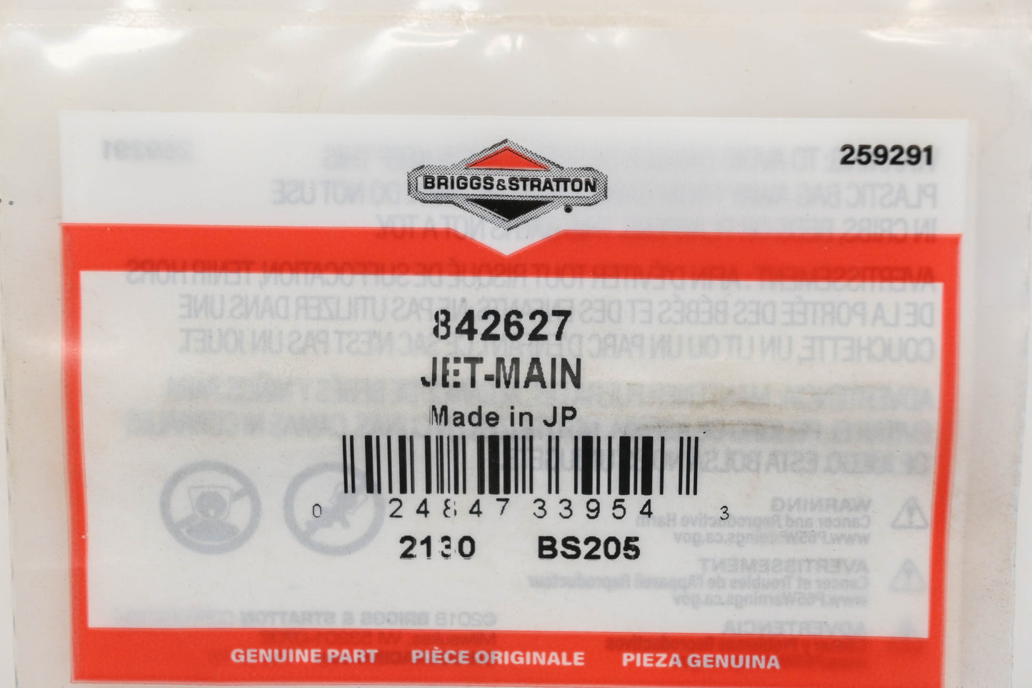 New OEM Briggs & Stratton 842627 Carburetor Main Jet Assembly NOS