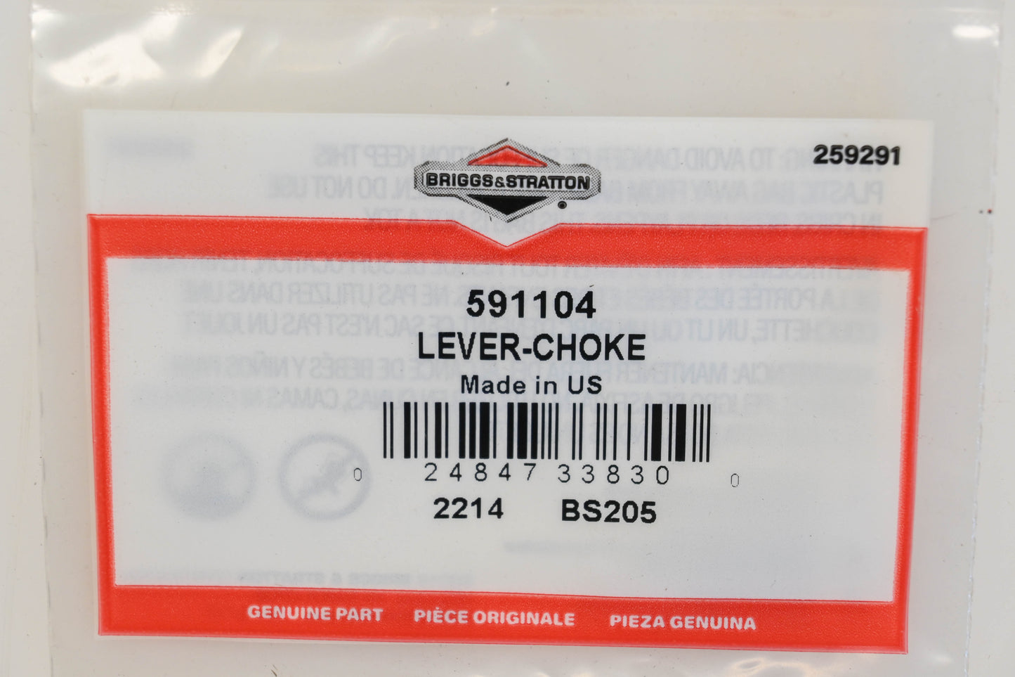 New OEM Briggs & Stratton 591104 Choke Lever NOS