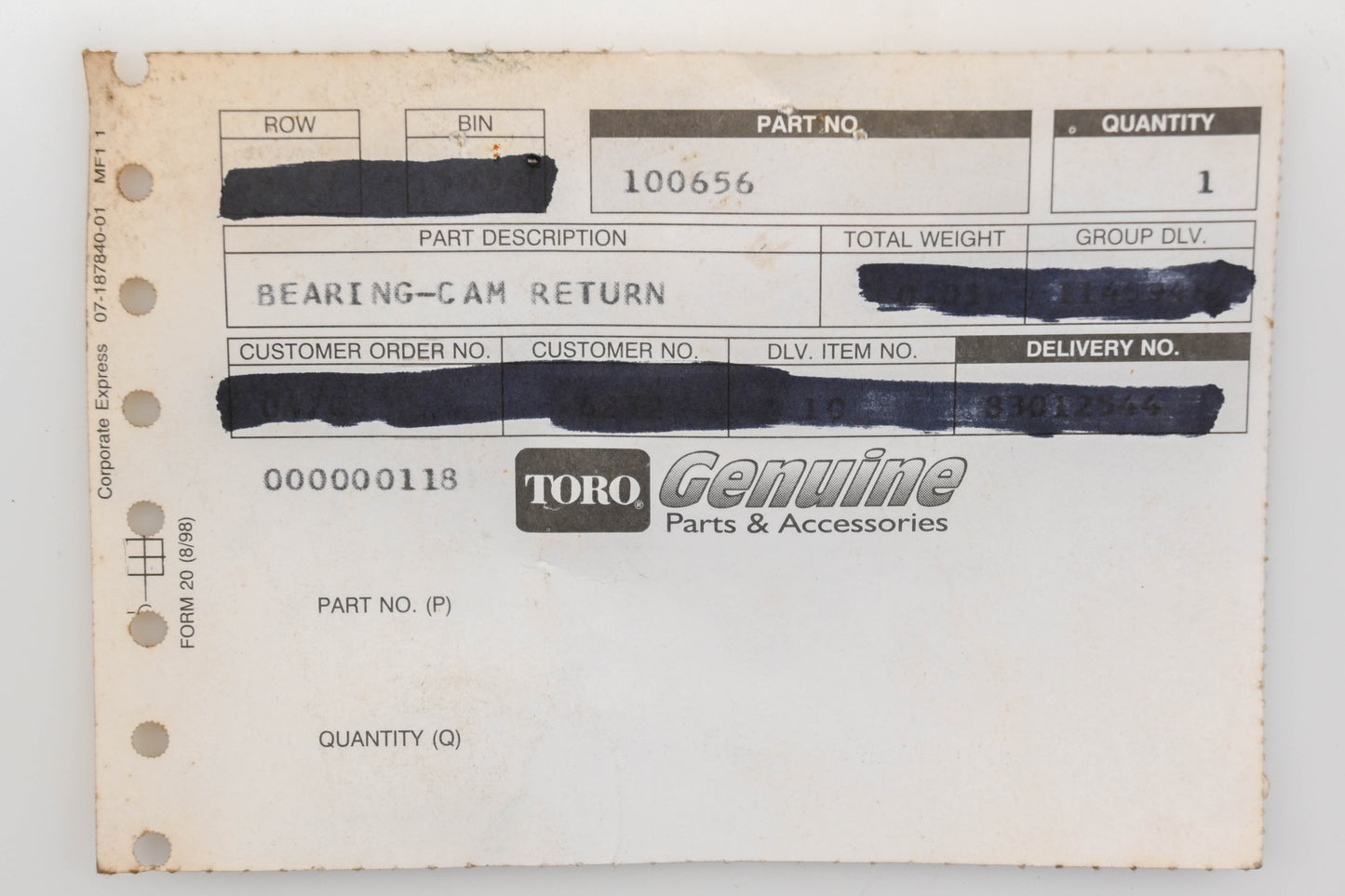 Toro 100656 Cam Return Bearing NOS
