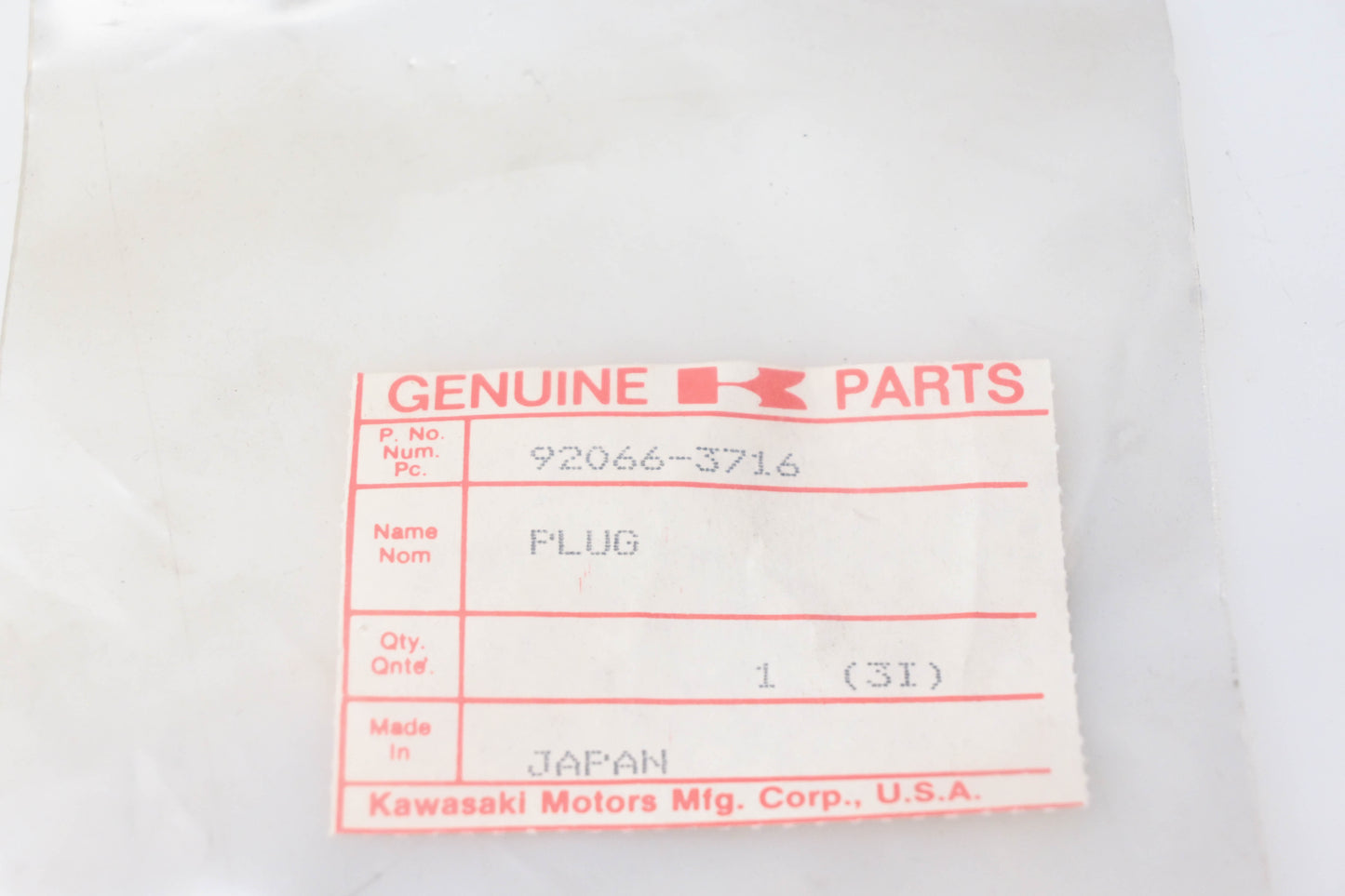 New OEM Kawasaki 92066-3716 Plug NOS