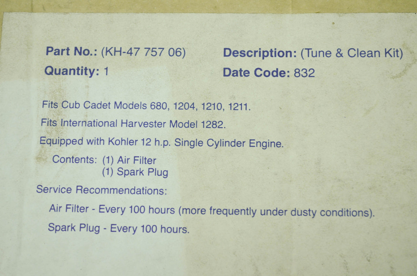 NEW Kohler Tune & Clean Kit, Filter & Spark Plug NOS