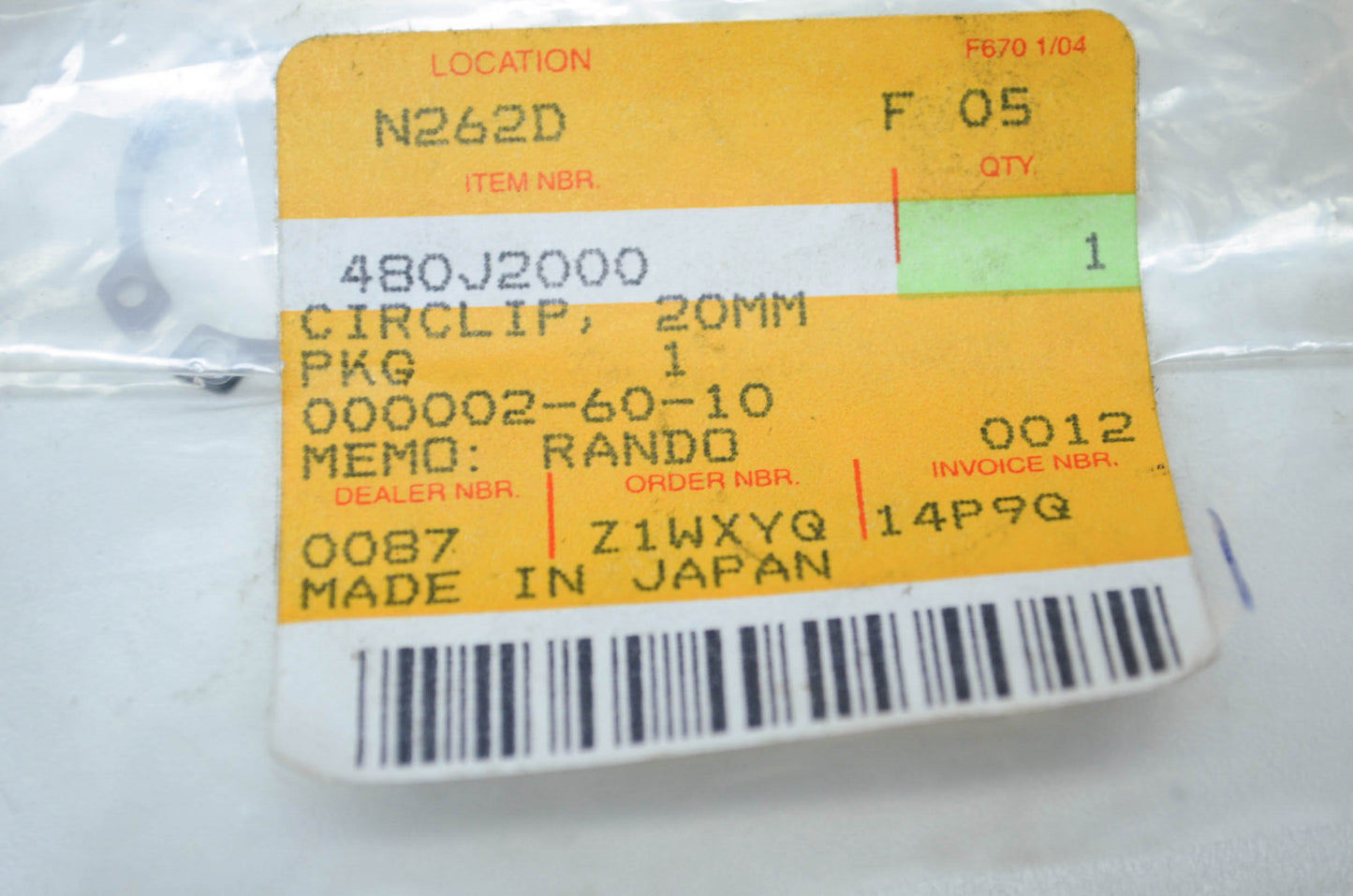 OEM Kawasaki 480j2000 Circlip 20Mm NOS