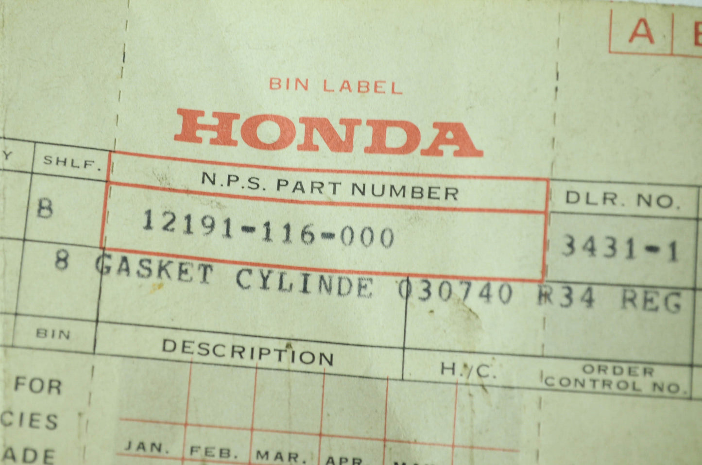 OEM Honda 12191-116-000 Cylinder Gasket NOS
