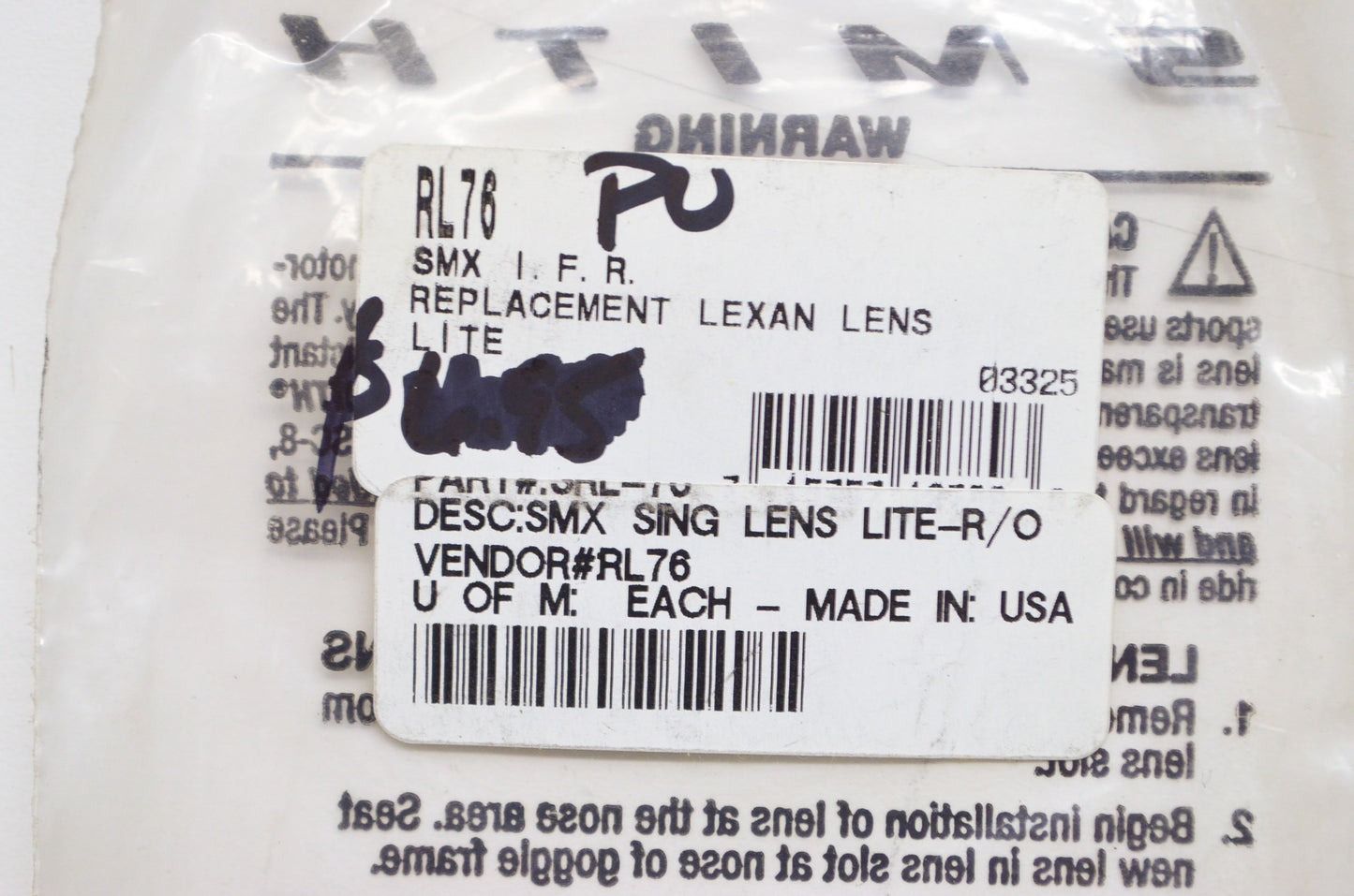 Smith RL76, SRL-26 SMX IFR Replacement Lexan Lens NOS