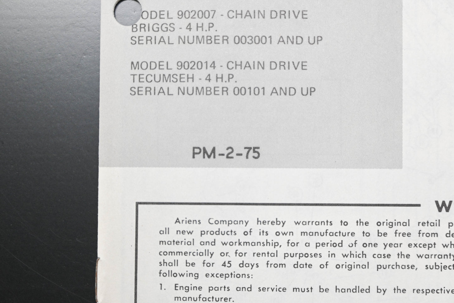Ariens PM-2-75 Rotary Tiller Parts Manual
