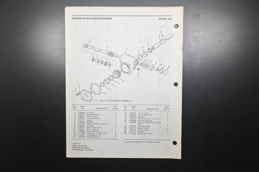 Bolens 4302-1 88 Snow Thrower Models 624 Parts List