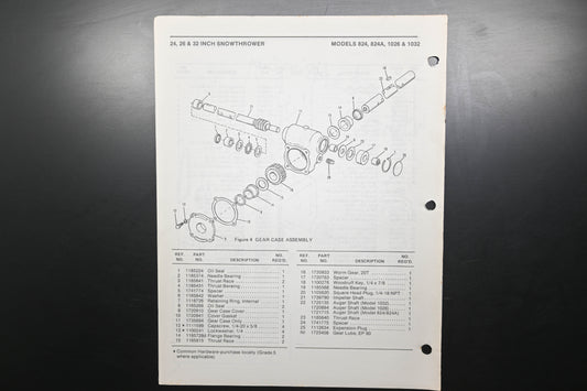 Bolens 4303-1 88 Snow Thrower Models 824 1026 1032 Parts List