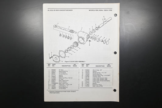 Bolens P-4303-3 89 Snow Thrower Models 824 1026 1032 Parts List