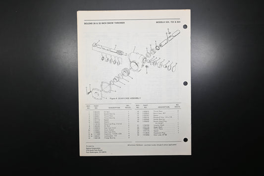 Bolens P-3819 82 Snow Thrower Models 524 724 824 Parts List