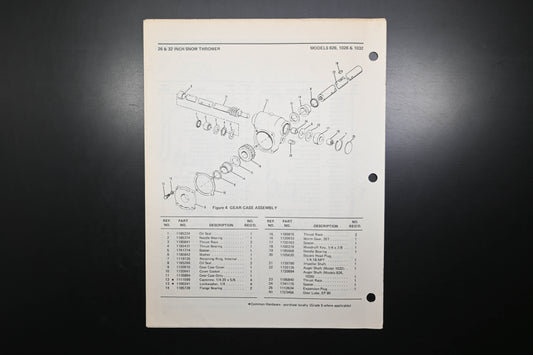 Bolens P-3820 82 Snow Thrower Models 826 1026 1032 Parts List