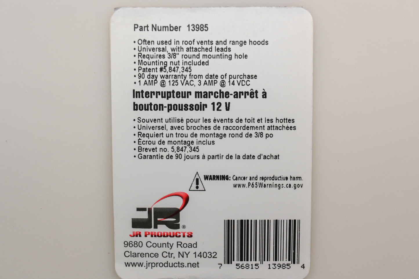 JR Products 13985 12V Push On/Off Switch NOS