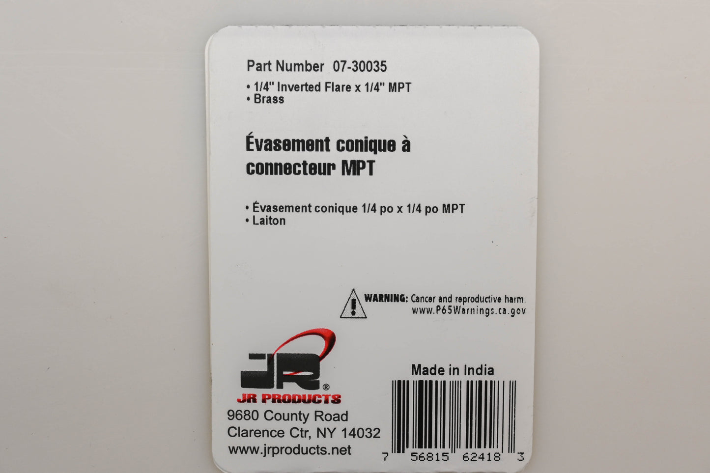 JR Products 07-30035 1/4" Inverted Flare To MPT Connector NOS