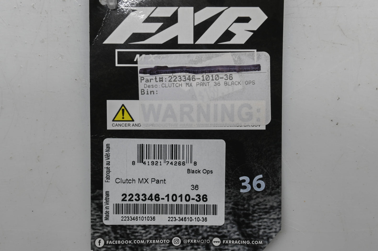 FXR 223346-1010-36 Size 36 Black Ops Clutch MX Pants NOS