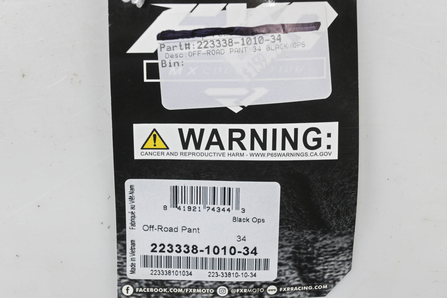 FXR 223338-1010-34 Size 34 Black Ops Off-Road Pants NOS