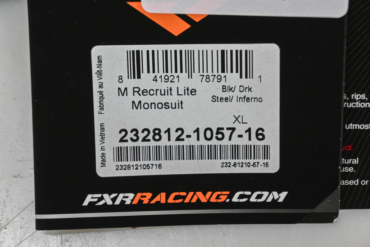 FXR 232812-1057-16 Mens XL Black/Dark Steel/Inferno Recruit Lite Monosuit NOS