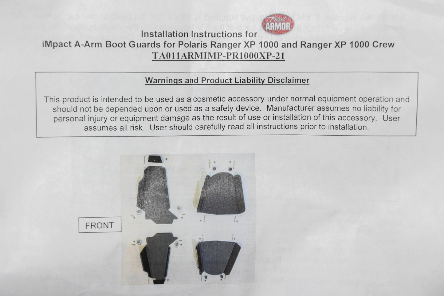 Trail Armor TA011ARMIMP-PR1000XP-21 A-Arm Guard Kit NOS