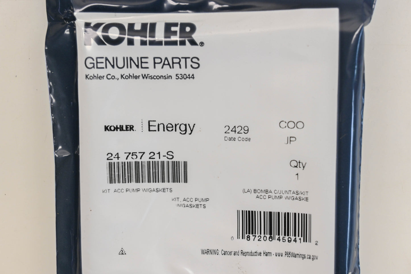 Kohler 24 757 21-S, 2475721S Carburetor Accelerator Pump Repair Kit NOS