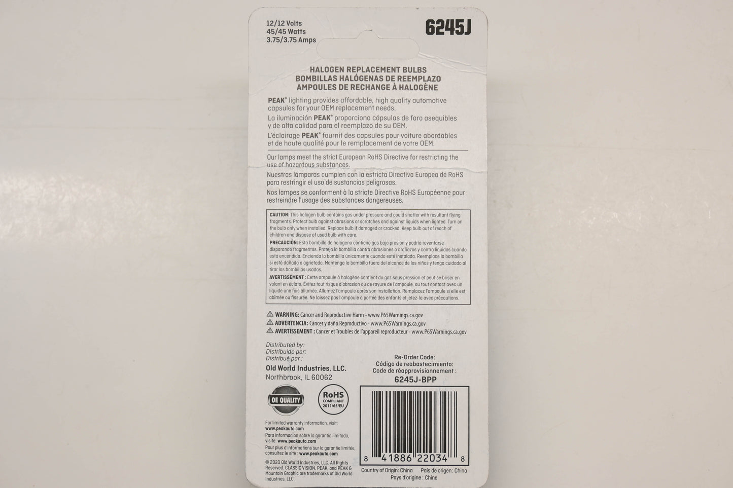 Peak 6245J, 6245J-BPP Halogen Light Bulb NOS