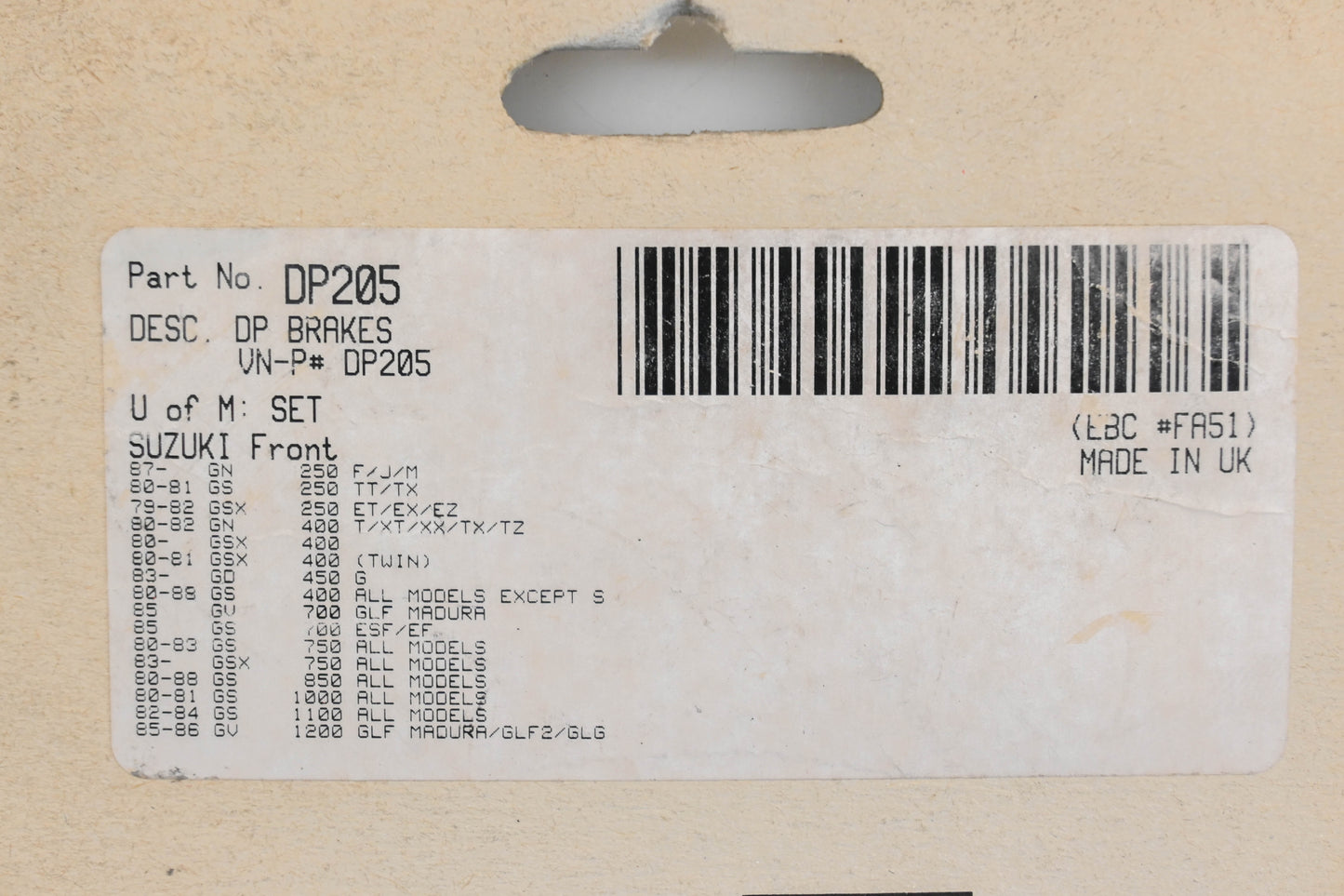 DP Brakes DP205, DP-205 Brake Pads NOS