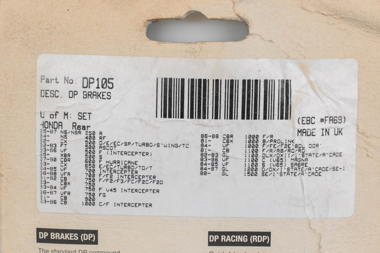 DP Brakes DP105, DP-105 Brake Pads NOS