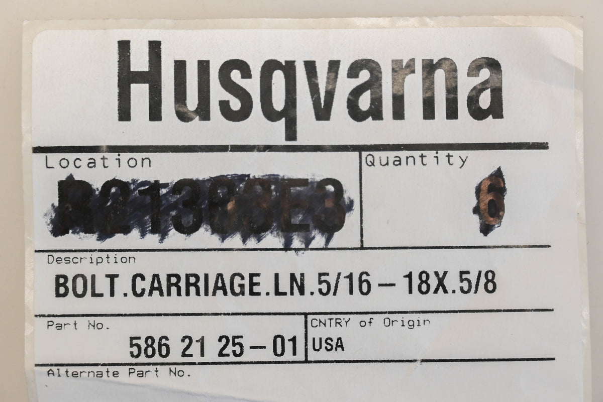 New OEM Husqvarna 586 21 25-01, 586212501 5/16"-18 x 5/8" Carriage Bolts NOS