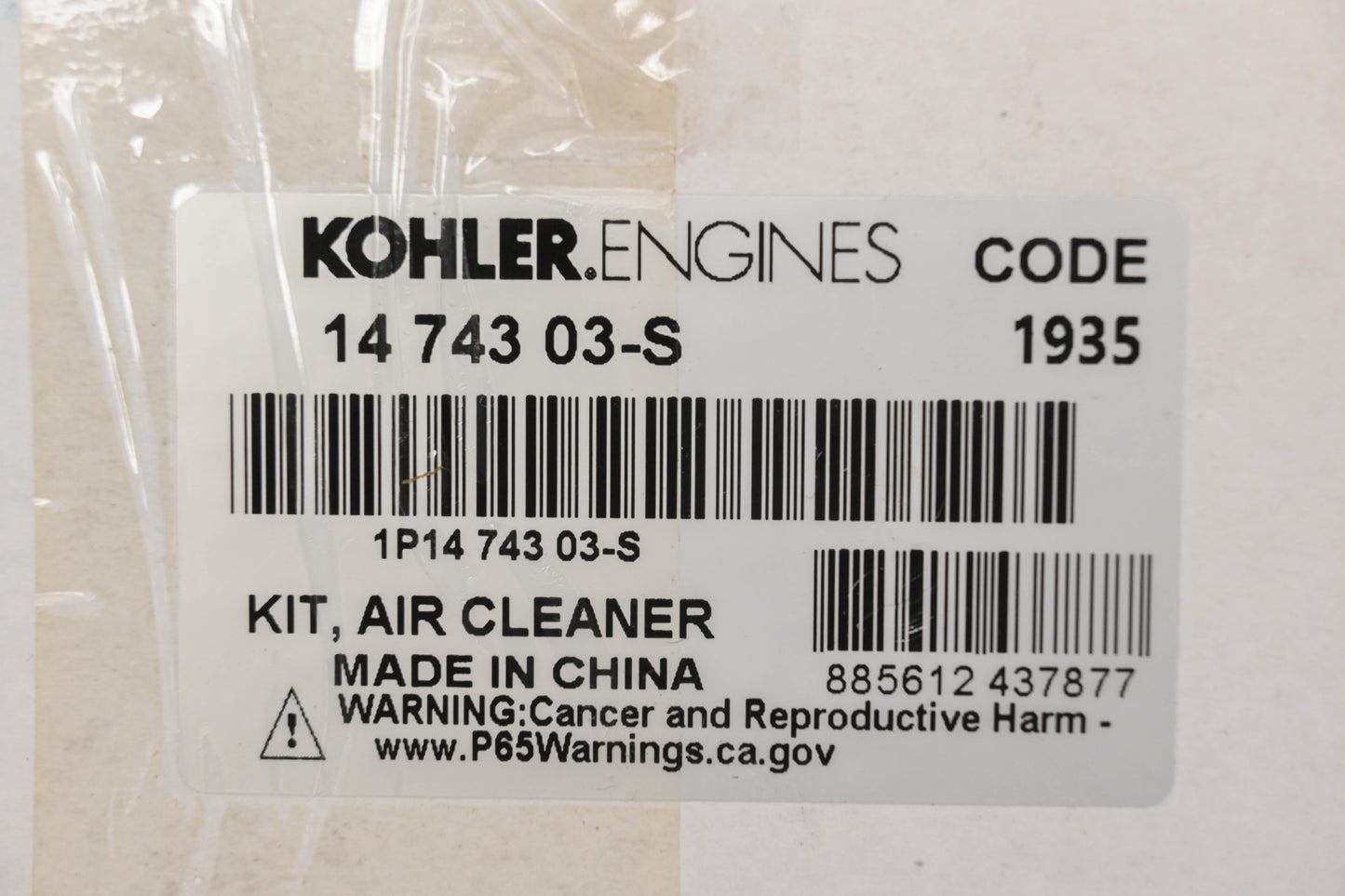 Kohler 14 743 03-S, 1474303S Air Cleaner Kit NOS