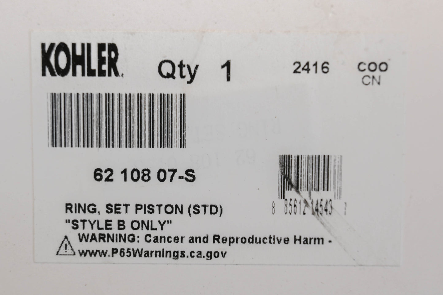 Kohler 62 108 07-S, 6210807S Piston Ring Kit NOS