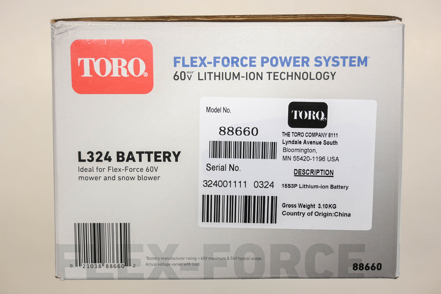 Toro 88660, L324 60V-6AH-324W Lithium-Ion Battery NOS