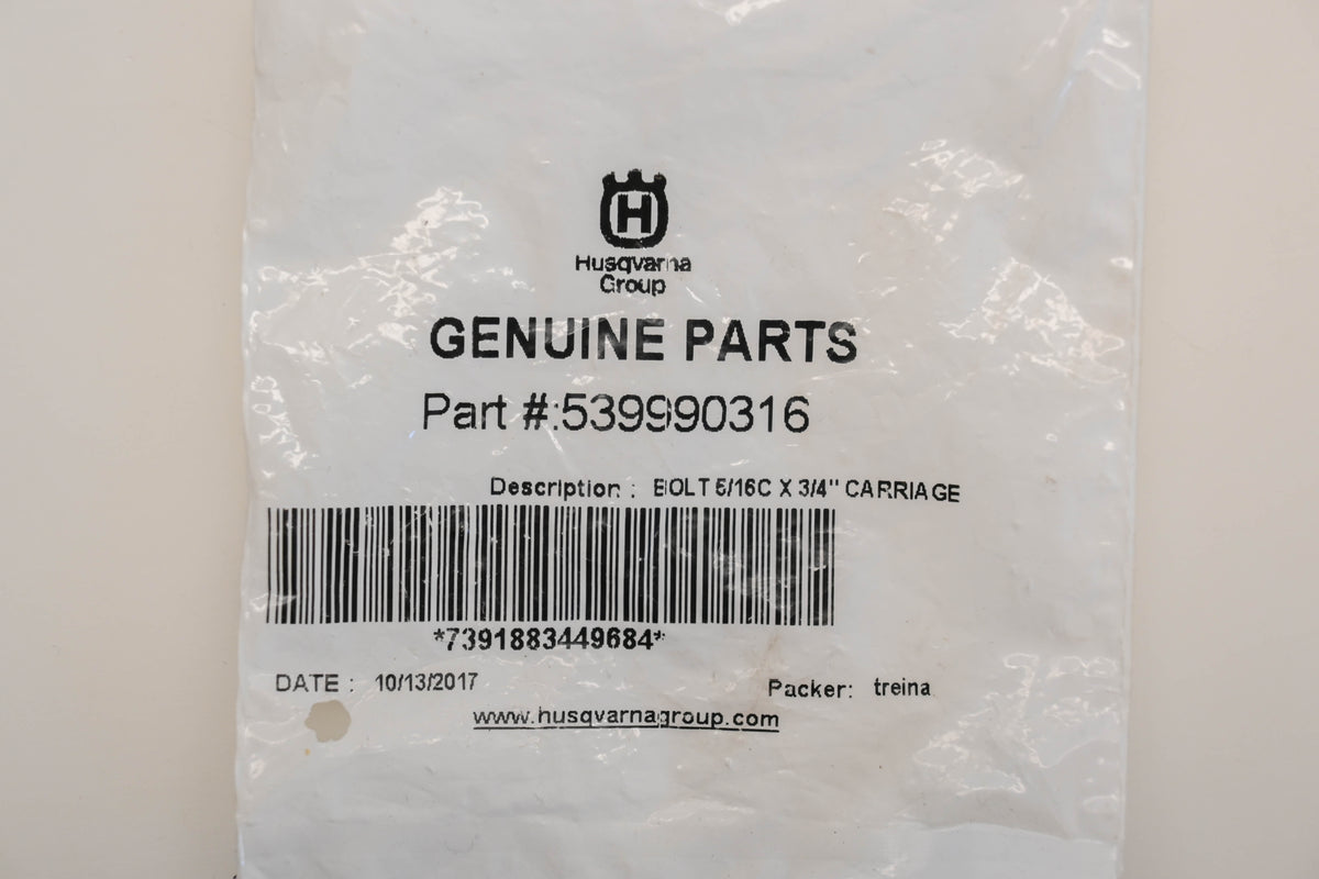 New OEM Husqvarna 539 99 03-16, 539990316 5/16"-18 x 3/4" Carriage Bolts Qty 2 NOS