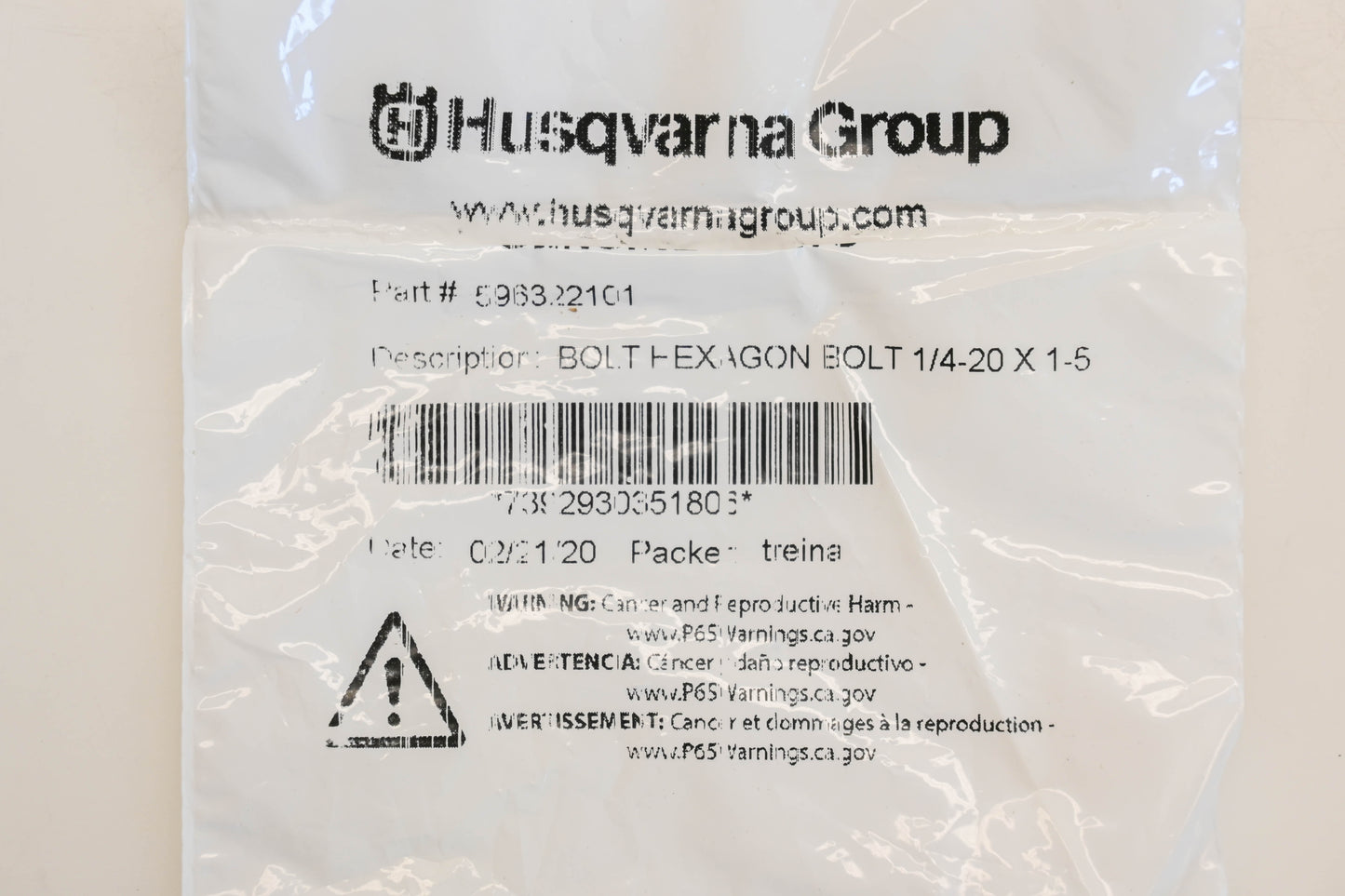 New OEM Husqvarna 596 32 21-01, 596322101 1/4"-20 x 1-5/8" Bolt NOS